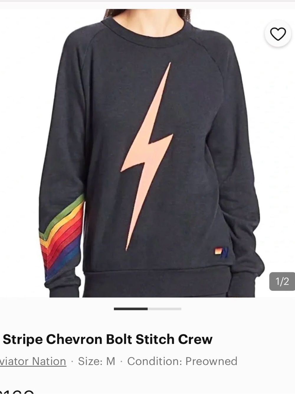 Aviator Nation Black Crew Sweatshirt with Peach Bolt and Rainbow Sleeve